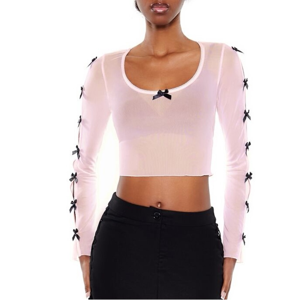 Forever 21 Pink Sheer Mesh Whimsical Bow Sleeve Crop Top